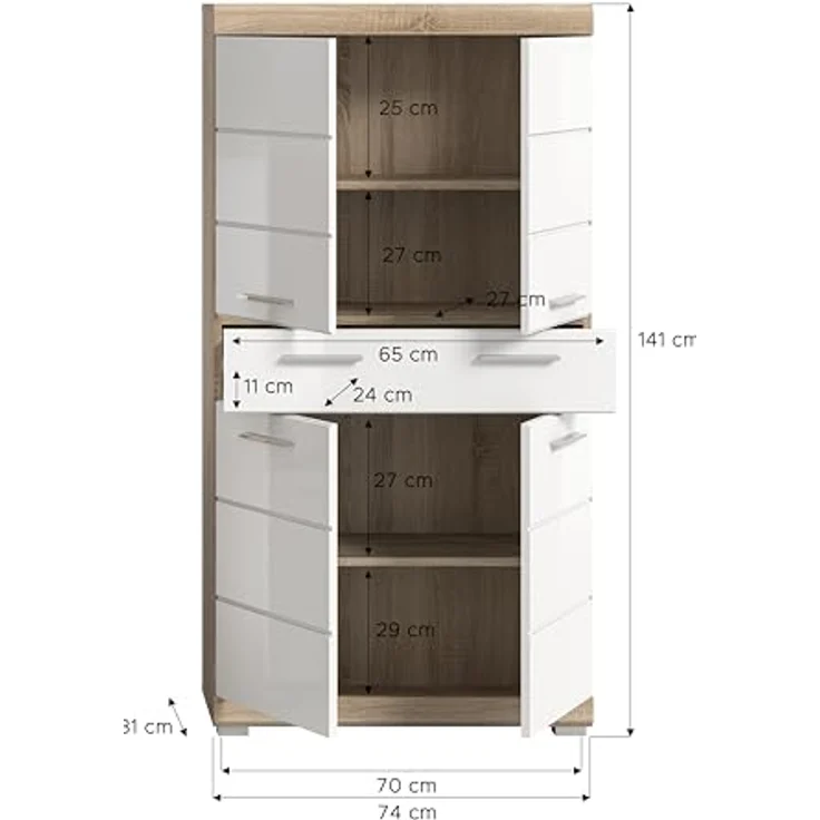Xonox Lambada Badmidischrank (B/H/T: 74x141x31 cm) in weiß Hochglanz und Sonoma Eiche hell – Bild 5