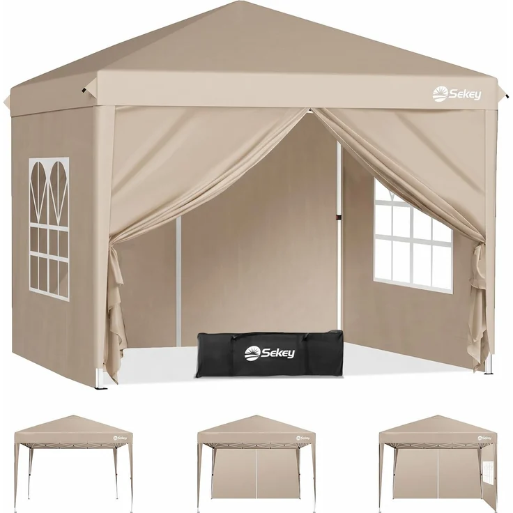 Sekey Pop Up Pavillon 2x2 m mit Seitenwänden, Faltpavillon Wasserdicht Stabil Winterfest, Partyzelt Pavillion für Garten Camping & Party, Pavillons Höhenverstellbar, Khaki