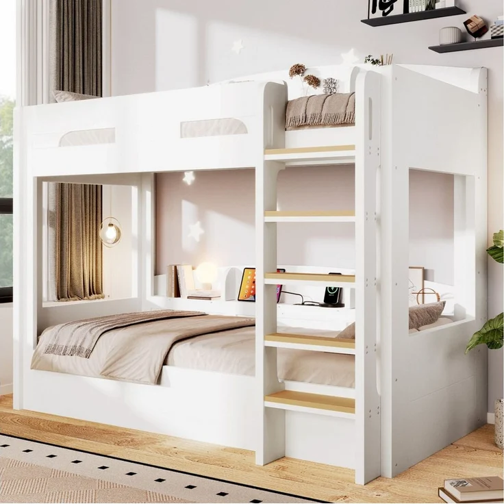 Flieks Etagenbett, Kinderbett 90x200cm mit Steckdose darunter und Ablagefächer – Bild 1