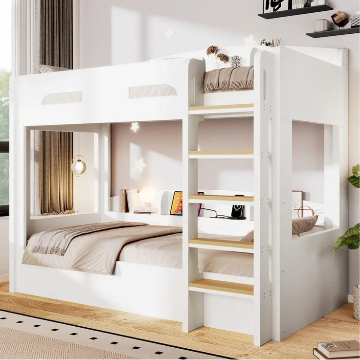 Flieks Etagenbett, Kinderbett 90x200cm mit Steckdose darunter und Ablagefächer