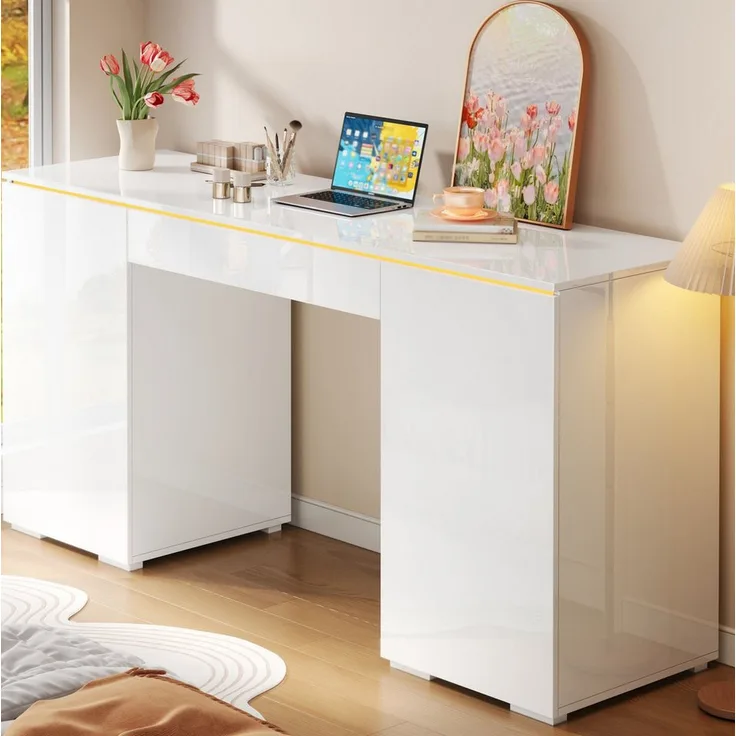 MODFU Schreibtisch, Großer Arbeitstisch mit LED-Beleuchtung, 1 Schublade und 2 Türen, Weiß Hochglanz, 140×78×50 cm