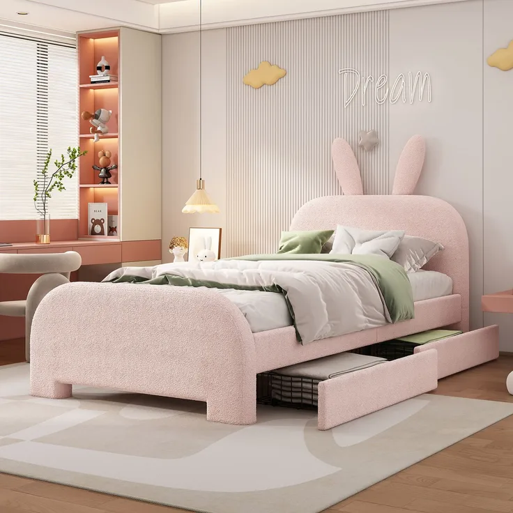 Kinderbett 90x200 Rosa mit Kaninchen-Kopfteil und 2 Schubladen,Gepolstertes Bett aus Lammwolle und MDF, Cartoon Bunny Design