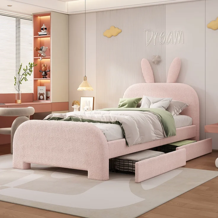 Kinderbett 90x200 Rosa mit Kaninchen-Kopfteil und 2 Schubladen,Gepolstertes Bett aus Lammwolle und MDF, Cartoon Bunny Design – Bild 1