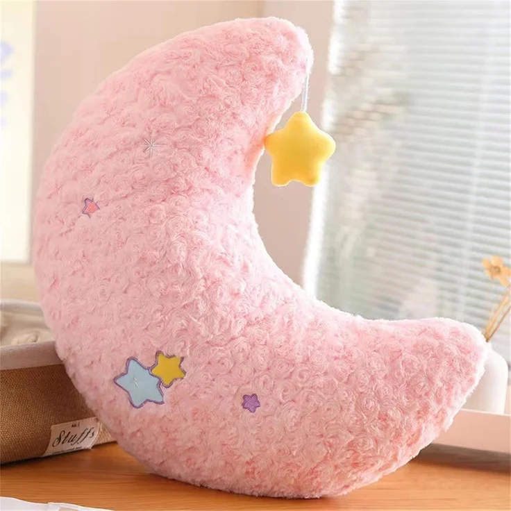 Kuschelkissen Kinder Niedlich Stern Mond Plüsch Kissen Dekokissen Weiche Flauschige Zierkissen Sofakissen für kuschelecke Kinderzimmer Schlafzimmer Deko, 50CM (Rosa,Mond) – Bild 1