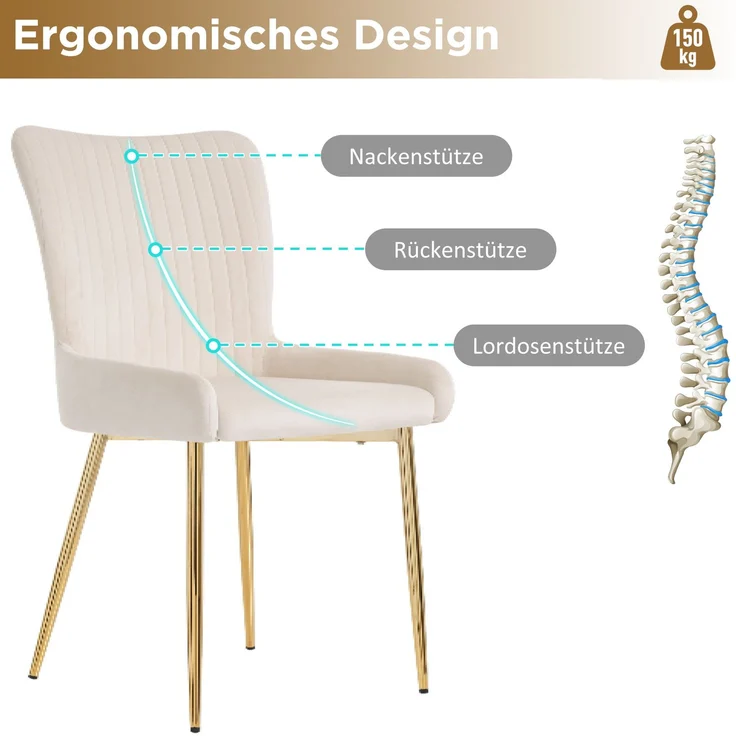 Esszimmerstuhl-Set, Samt, 6er-Set mit Metallgestell, 58×47×85 cm, Beige/Gold – Bild 7