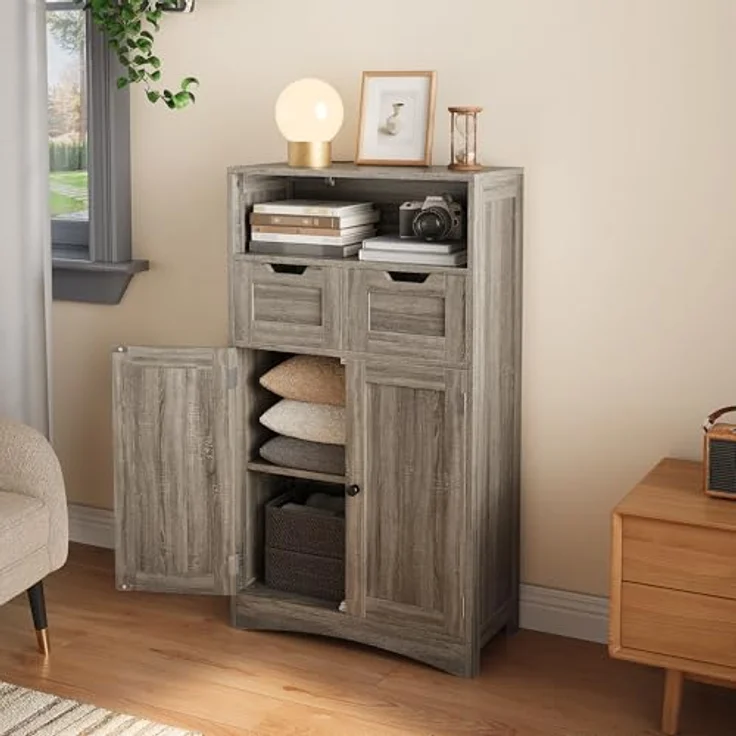 Bealife Badezimmerschrank mit 2 Schubladen, verstellbares Regal, multifunktional, für Badezimmer, Schlafzimmer, Flur (60 x 30 x 108 cm) (grau) – Bild 5
