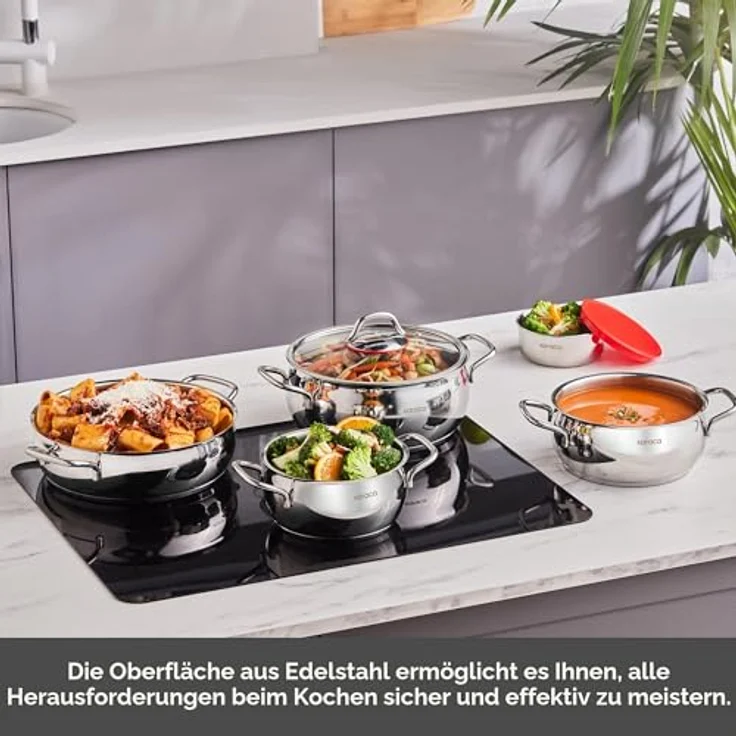 Karaca Emirgan XL 10-teiliges Kochtopfset aus 18/10 Edelstahl, induktionsgeeignet mit Glasdeckel und Behälter – Bild 8