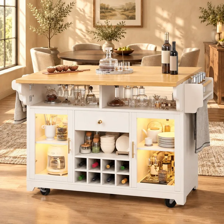 Servierwagen B 120 x T 40/80 x H 95 cm aus MDF und Metall, beidseitig ausklappbar mit RGB-LED