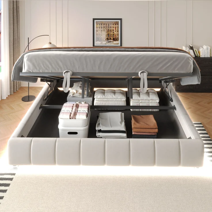 EINHOM Polsterbett 180 x 200 cm, ohne Kopfteil, mit LED-Lichtleiste (Einfarbig), Hydraulischer Schwebebettrahmen mit Stauraum, Einzelbett, Jugendbett, Beige (Ohne Matratze) – Bild 3
