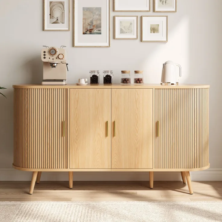 Merax Sideboard mit Schiebetüren an den Seiten, gebogenes Design mit vertikaler Rillenverkleidung, Griffleisten aus Metall, Aufbewahrungsschrank, Natur