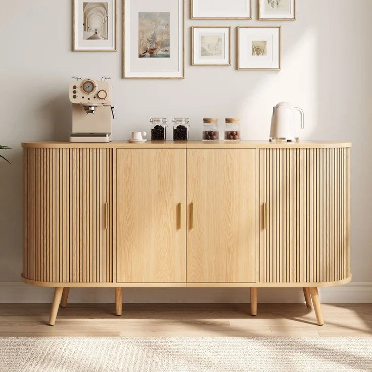 Merax Sideboard mit Schiebetüren an den Seiten, gebogenes Design mit vertikaler Rillenverkleidung, Griffleisten aus Metall, Aufbewahrungsschrank, Natur – Bild 1