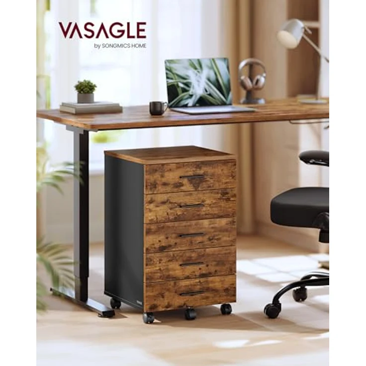 VASAGLE Rollcontainer, mobiler Aktenschrank, Schubladenschrank, Druckerständer mit 5 Schubladen, mit schraubenlosen Gleitschienen, für Büro, Homeoffice, vintagebraun OFC081KD02 – Bild 2