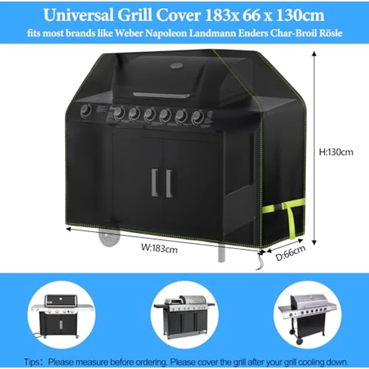 Grill Abdeckhaube, VDISRR Wetterfest Grillabdeckung, 420D Oxford Gasgrill Abdeckplane, Wasserdicht Grillschutzhülle, 183 x 66 x 130 cm, Reißfest, UV, Schutz Grill vor Verblassen, Rost und Schimmel – Bild 3