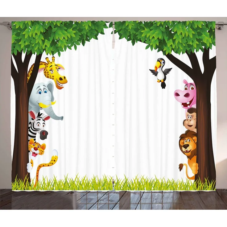 Abakuhaus Gardine Schlafzimmer Kräuselband Vorhang mit Schlaufen und Haken, Kindergarten Bäume Freundlich Jungle