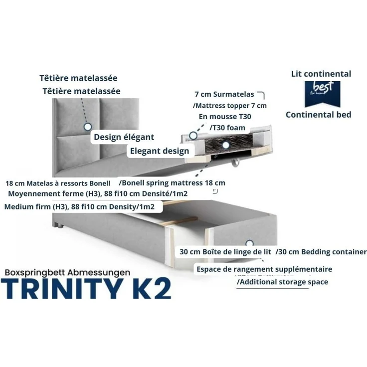 Best for Home Boxspringbett mit Bettkasten Trinity K2 Single Bonell-Matratze inkl. 7 cm Topper (Einzelbett, Hotelbett, Polsterbett gepolstertes Kopfteil, Jugendbett, Kinderbett versch. Größen, 70x200 80x200 90x200 100x200 cm), verschiedene Liefermöglic... – Bild 5