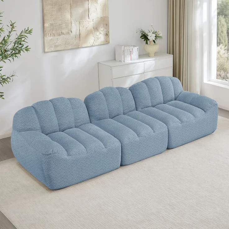 EINHOM 3-Sitzer Modulares Sofa, Boneless Design aus 32D Hochdichtschaum, tiefe Sitzfläche, ideal für Wohnzimmer, weicher Stoff, Blau – Bild 1