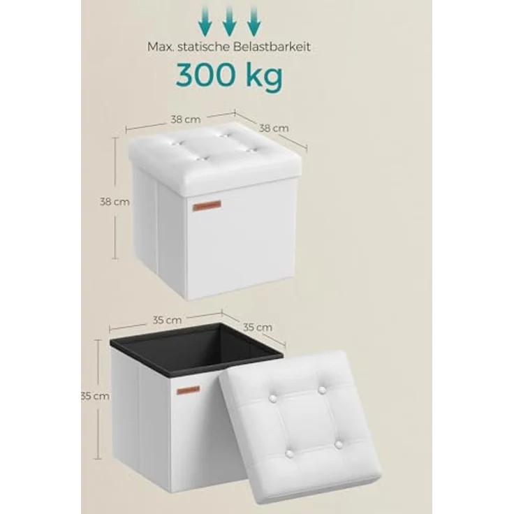 Songmics Sitzhocker 38 cm, Aufbewahrungsbox faltbar, Fußhocker mit Deckel, aus Kunstleder, bis 300 kg belastbar, für Eingang, Wohnzimmer, Schlafzimmer, wolkenweiß LSF030W11 – Bild 4