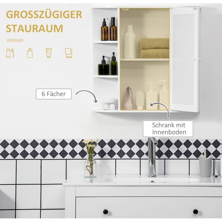 Spiegelschrank 66 x 17 x 63 cm in Weiß mit offenen Seitenregalen – Bild 3