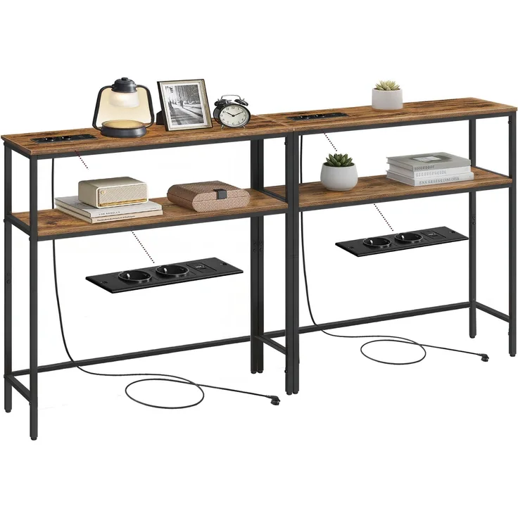 VASAGLE Konsolentisch, 2er Set, schmaler Sofatisch mit 2 Ablagen, 20 x 80 x 80 cm, Flurtisch mit Ladestation, für Wohnzimmer, Flur, Eingangsbereich, vintagebraun-tintenschwarz LNT135KD01-2J
