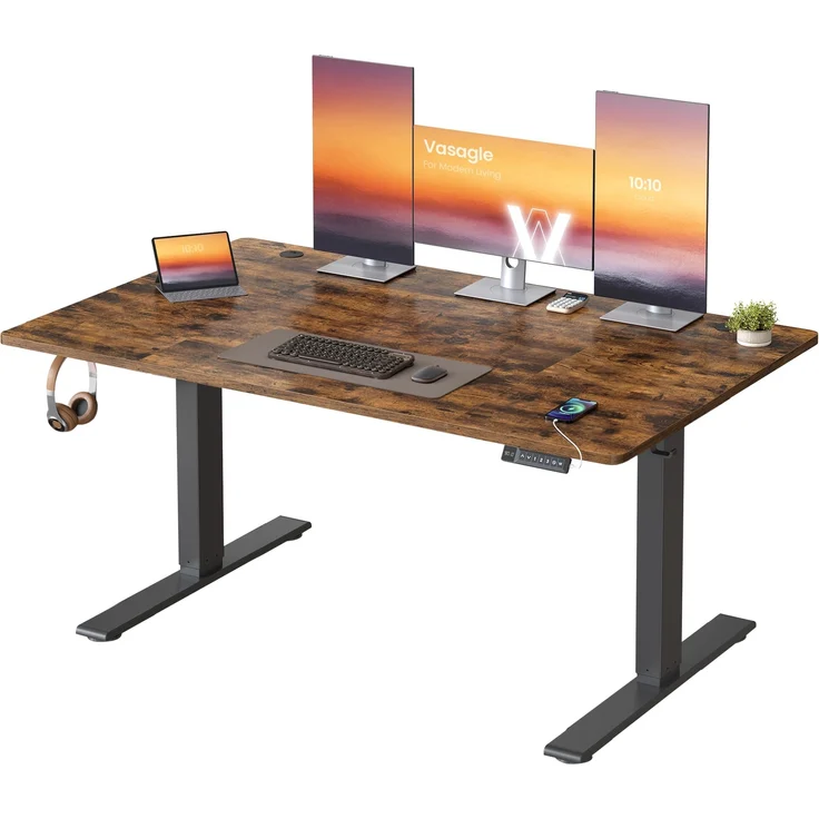 VASAGLE Höhenverstellbarer Schreibtisch, 140x80 cm, USB-C-Anschluss, Ablage für Steckdosenleiste, Stehtisch, Erinnerung bei langem Sitzen, 3 Speichertasten, für Büro, vintagebraun LSD144KD02 – Bild 1