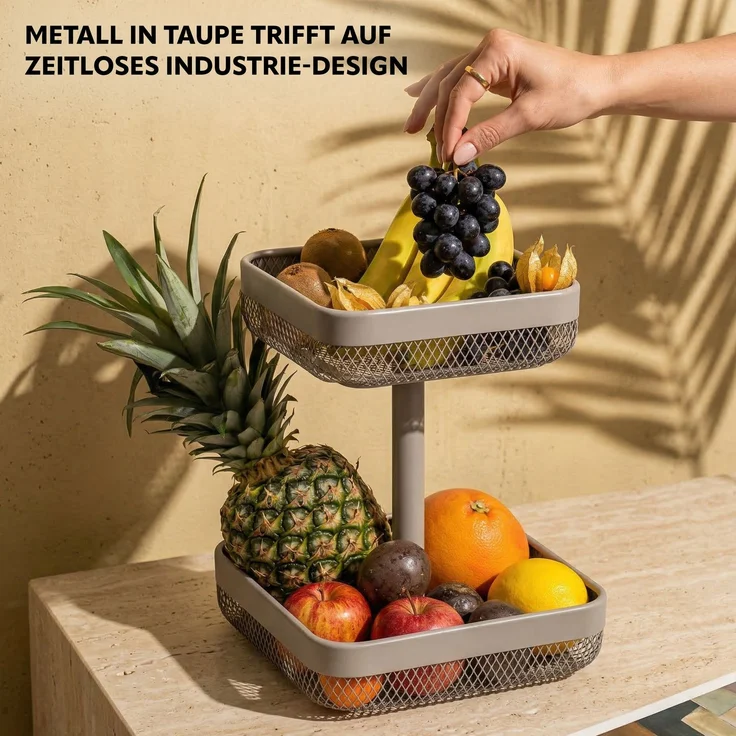 eluno 2-stöckige eckige Obstetagere / Brotkorb, Metall, taupe, 20 x 20 cm und 25 x 25 cm – Bild 4