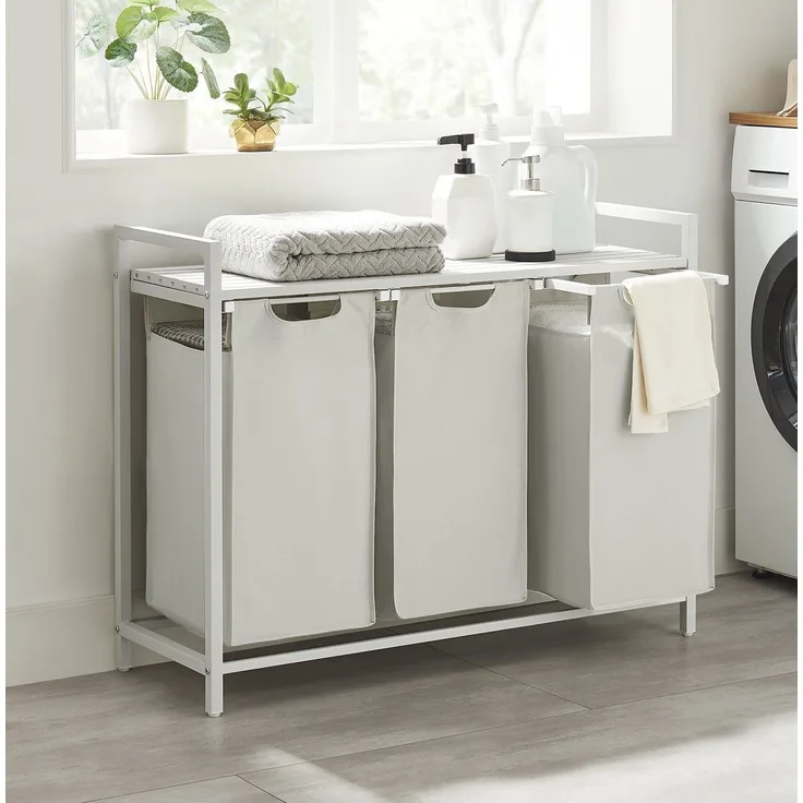Vasagle Wäschekorb mit 3 Fächer, Metallrahmen Weiß, 3x38 L / 92,5 x 33 x 72 cm