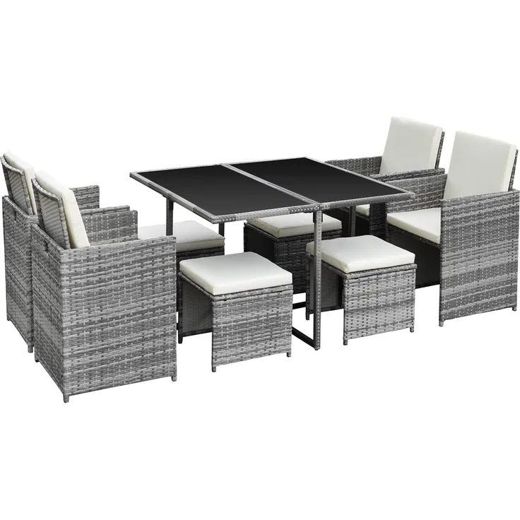 Ribelli Gartenmöbel Set 9-Teilig, Lounge Balkonmöbel aus Polyrattan, Wetterfest Sitzgruppe, Sitzgarnitur mit Sofa, Esstisch, Outdoor Kissen, Hocker, für Rasen, Terrasse, Garten, Grau/Cream