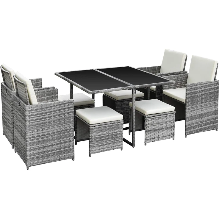 Ribelli Gartenmöbel Set 9-Teilig, Lounge Balkonmöbel aus Polyrattan, Wetterfest Sitzgruppe, Sitzgarnitur mit Sofa, Esstisch, Outdoor Kissen, Hocker, für Rasen, Terrasse, Garten, Grau/Cream
