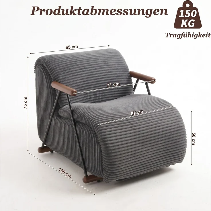 LVHOM Relaxsessel mit Lattenrost, ergonomischer Fernsehsessel, gepolsterter Loungesessel mit Armlehnen, XXL Lesesessel für Wohn- und Schlafzimmer, Cord Grau – Bild 6