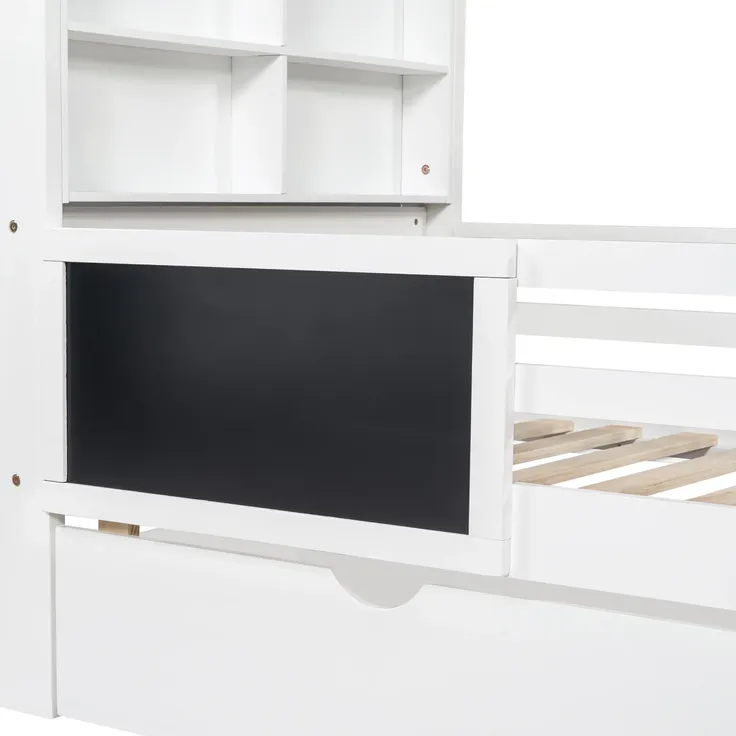 Kinderbett mit Lattenrost, Schubladen, Rausfallschutz, Regal und Tafel, 90x200 cm, Einzelbett, Holzbett, Jugendbett, Kiefer – Bild 10