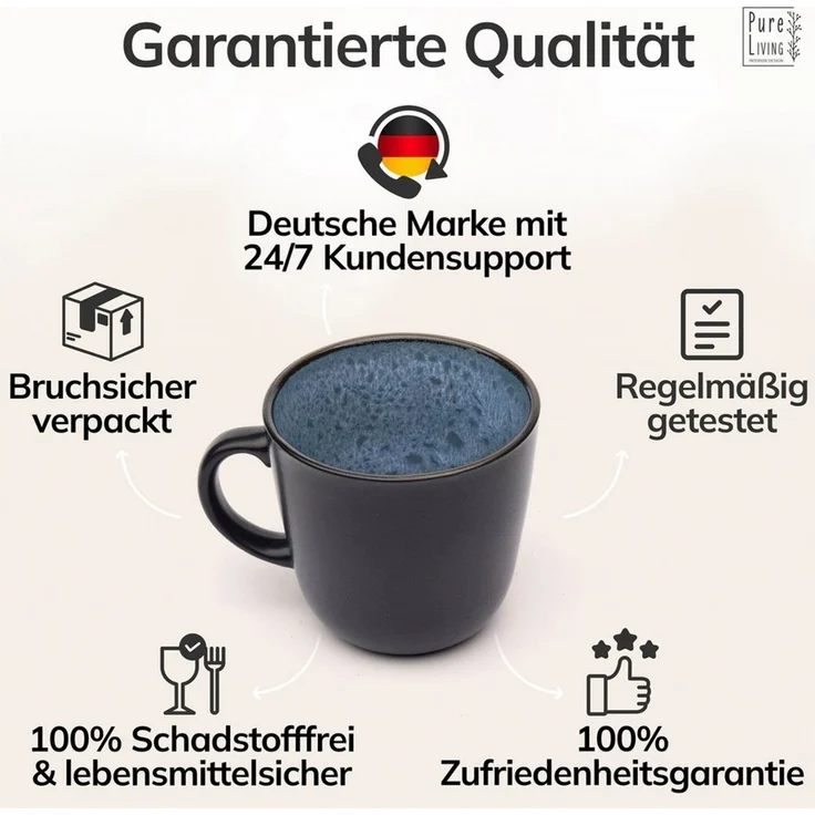 Steingut Kaffeetassen 6 Pers. Ibiza Hochwertiges Mediterranes TEST SEHR GUT Tassen Set, Spülmaschinen-, Mikrowellen- und Kratzfest - Stylisches Tee- und Kaffeebecher Set - Pure Living in Rauchblau – Bild 4
