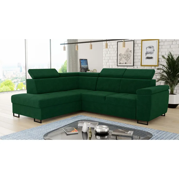 Ecksofa Natan mit Schlaffunktion und einstellbare Kopfstützen - Wohnlandschaft mit Metallfüßen, Couchgarnitur, Bettkasten, Sofa (Ecksofa Links, Grün (Kronos 19))