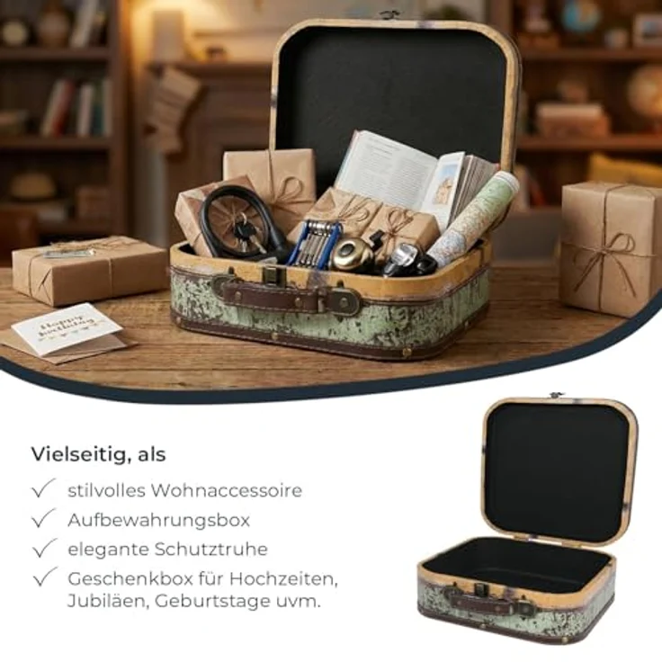 HMF Aufbewahrungsbox Kleiner Vintage Koffer aus Holz (1 St), Handgefertigter Geschenkkoffer im Fahrrad Design, 32 x 29, 5 x12 cm – Bild 4
