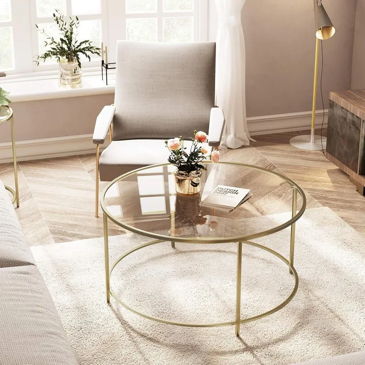 Vasagle 'LGT21G' Couchtisch mit goldenem Metallgestell, Hartglas transparent, Ø84 cm