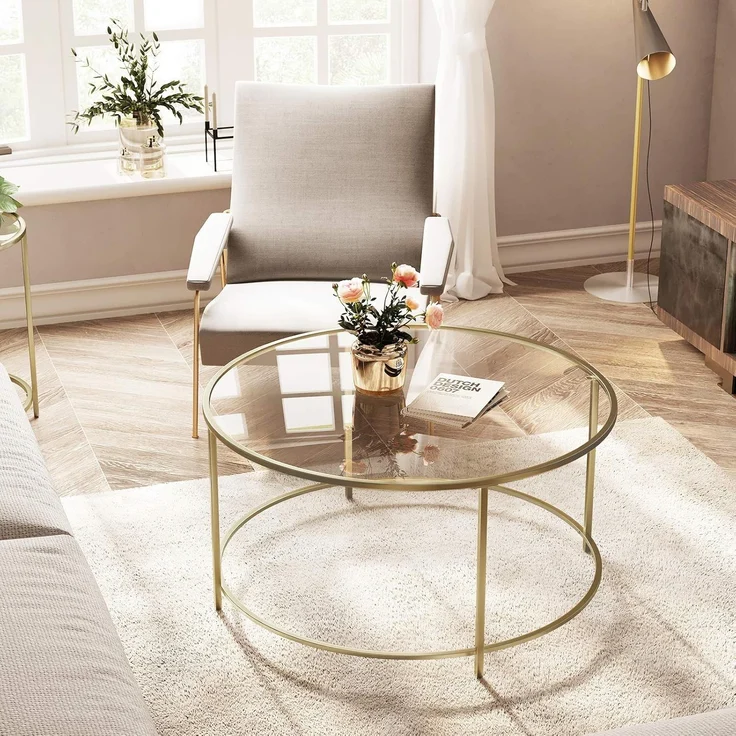 Vasagle 'LGT21G' Couchtisch mit goldenem Metallgestell, Hartglas transparent, Ø84 cm – Bild 1