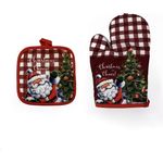 Christmas Joy Ofenhandschuh-Set, rot-weißes Buffalo-Karomuster mit Weihnachtsmann (Weihnachtsgrün)