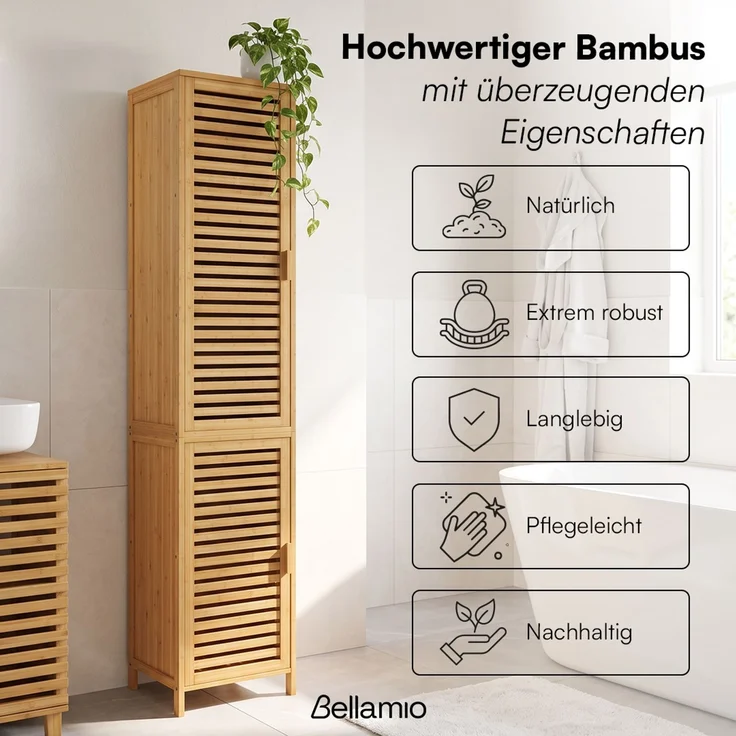 Bellamio 'Newa' Badezimmer-Hochschrank, natur, mit 5 Ablagen und 2 Türen – Bild 2