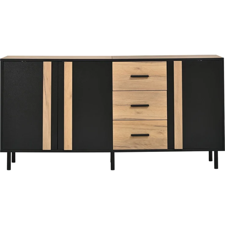Merax Sideboard 140 x 35 x 70 cm aus MDF, Kommode mit 3 Türen und 3 Schubladen, Beistellschrank, Schrank mit 6 stabilen Metallbeinen, Schwarz + Naturholzfarbe – Bild 9