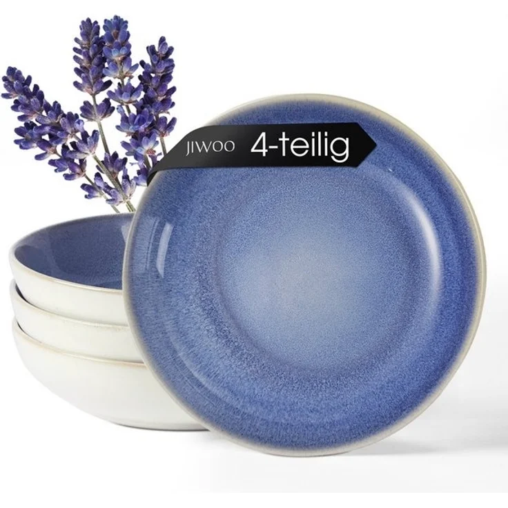 JIWOO Suppenteller 4er Ø21,9cm, Speiseteller Pastateller Salatteller Dessertteller Plate, (4 St), Keramik Hochwertiges Tellerset Blau Mikrowellenofen Spülmaschine – Bild 4