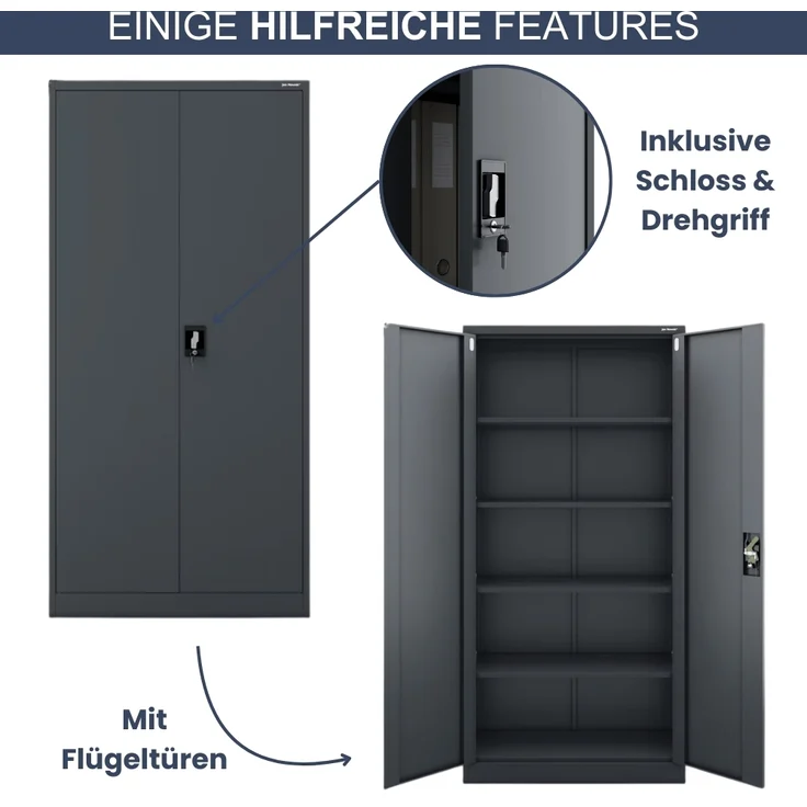 Aktenschrank abschließbar KADO - 5 Ebenen verstellbar, Flügeltüren | Metallschrank Werkstatt Mehrzweckschrank Büroschrank aus Stahl Werkzeugschrank, 195x90x40cm Anthrazit – Bild 5