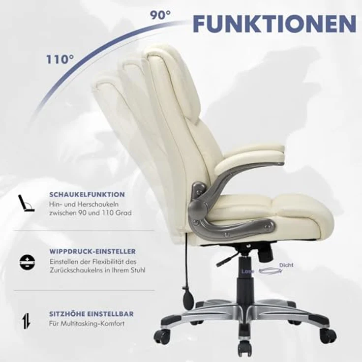 COLAMY Bürostuhl Ergonomisch, Chefsessel mit Hoher Rückenlehne, Schreibtischstuhl Lederstuhl mit Gepolsterten Klapparmlehnen, Verstellbarer Neigungsverschluss, Drehstuhl für Erwachsene, Elfenbein – Bild 4