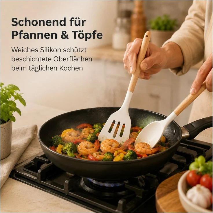 Diyarts Kochbesteck-Set (für beschichtete Pfannen, inklusive Kochmesser, Beige 23-teilig, Grün, Weiß und Schwarz je 20-teilig), Schonende Silikon-Küchenhelfer mit Holzgriffen & Messer im Set – Bild 4