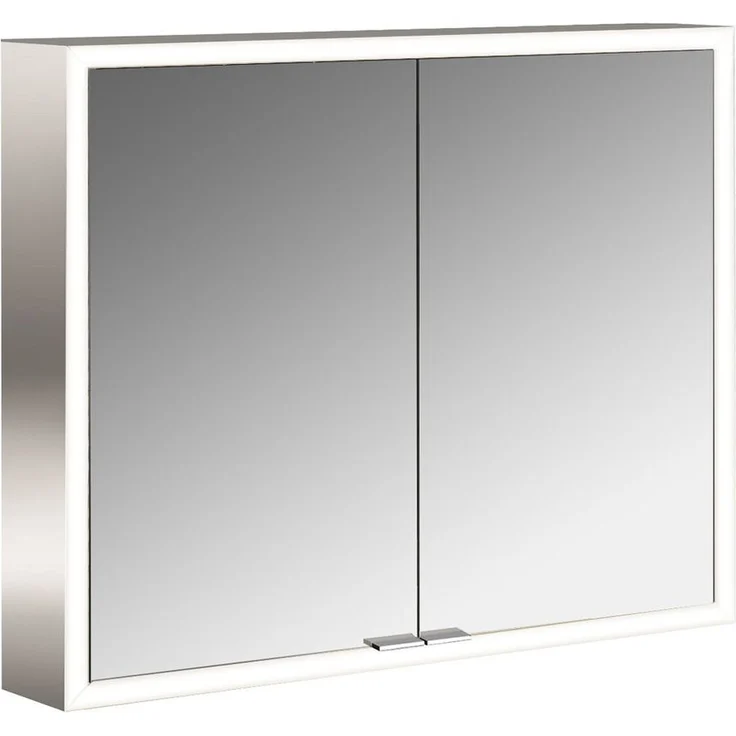 emco LED Lichtspiegelschrank prime Facelift, Aufputz 800x600 mm, 2-türig mit Glasablagen, Steckdose, stufenlos einstellbarer LED-Beleuchtung und Touchsteuerung, IP20
