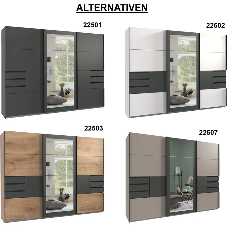 Schwebetürenschrank Kleiderschrank 270 cm 3-türig Schubladen Spiegel Weiß Grafit – Bild 8