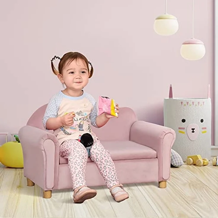 HOMCOM Sessel Zweisitzer mit Stauraum, Spielsofa für Kinder, Rosa (Kindercouch, 1-St, Kindersofa), 84L x 41.5B x 48.5H cm – Bild 2
