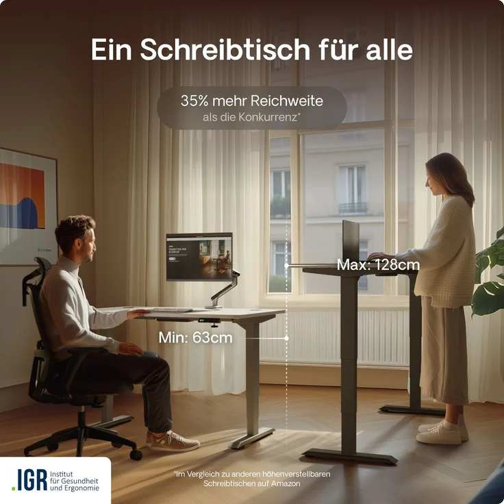 Desktronic HomePro Elektrisch höhenverstellbarer Schreibtisch 120x60cm Grau/Weiß mit Memory-Funktion, Anti-Kollisions Technologie, USB-A und USB-C-Ladeanschlüssen – Bild 7