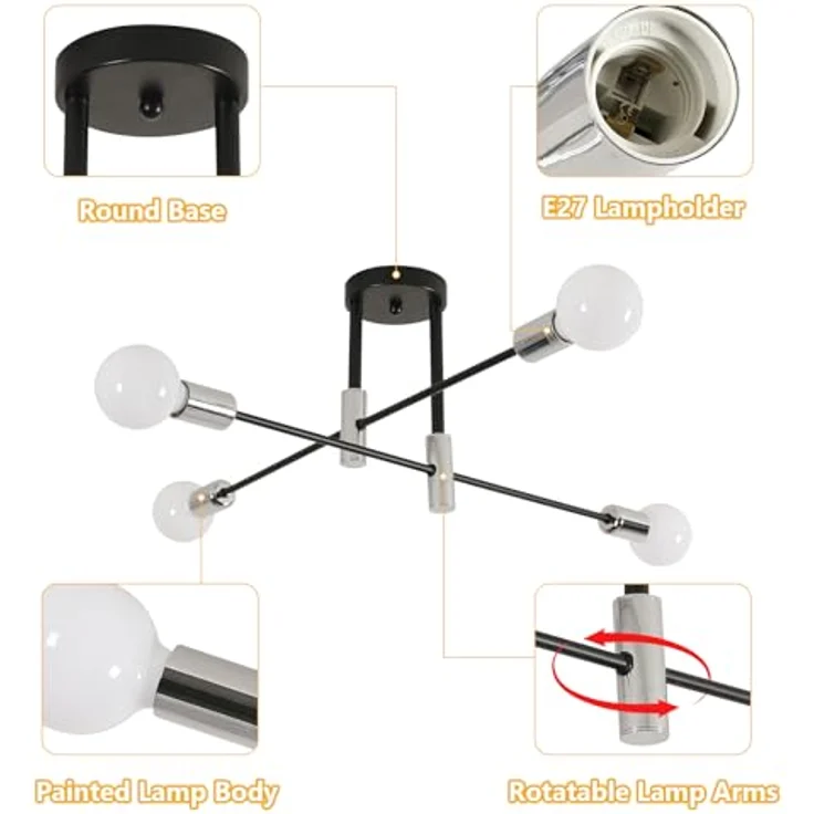 Goeco Deckenleuchte Vintage 4 Flammig, E27 Fassung Schwarz Kronleuchter Retro, Sputnik Deckenlampe Metall für Schlafzimmer, Wohnzimmer, Esszimmer, 71CM (Ohne Glühbirnen) – Bild 5