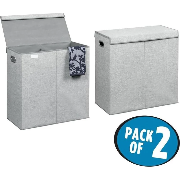 Wäschetruhe 2er Set mDesign faltbarer Wäschekorb 2 Fächer Deckel + Griffe grau – Bild 2