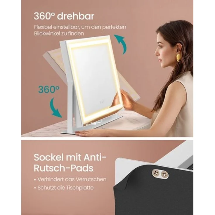 SONGMICS Schminkspiegel, mit LED-Beleuchtung, Touch-Steuerung, 15 LED-Glühbirnen, mit Ladeanschlüssen, 10x Vergrößerungsspiegel, 3 Lichtfarben, dimmbar, Handyhalter, Glas/Stahl/MDF mattweiß, 10 x 62,5 x 45,8 cm – Bild 4