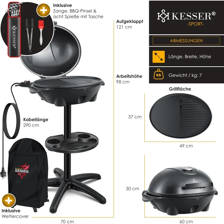 KESSER® elektrischer Elektrogrill 2in1 Tischgrill - Standgrill mit Deckel Standfuß | max. 2400 Watt Thermometer | Antihaftbeschichtung | XXL Grillplatte | integrierte Ablagefläche Elektro-Säulengrill Schwarz - Set – Bild 7